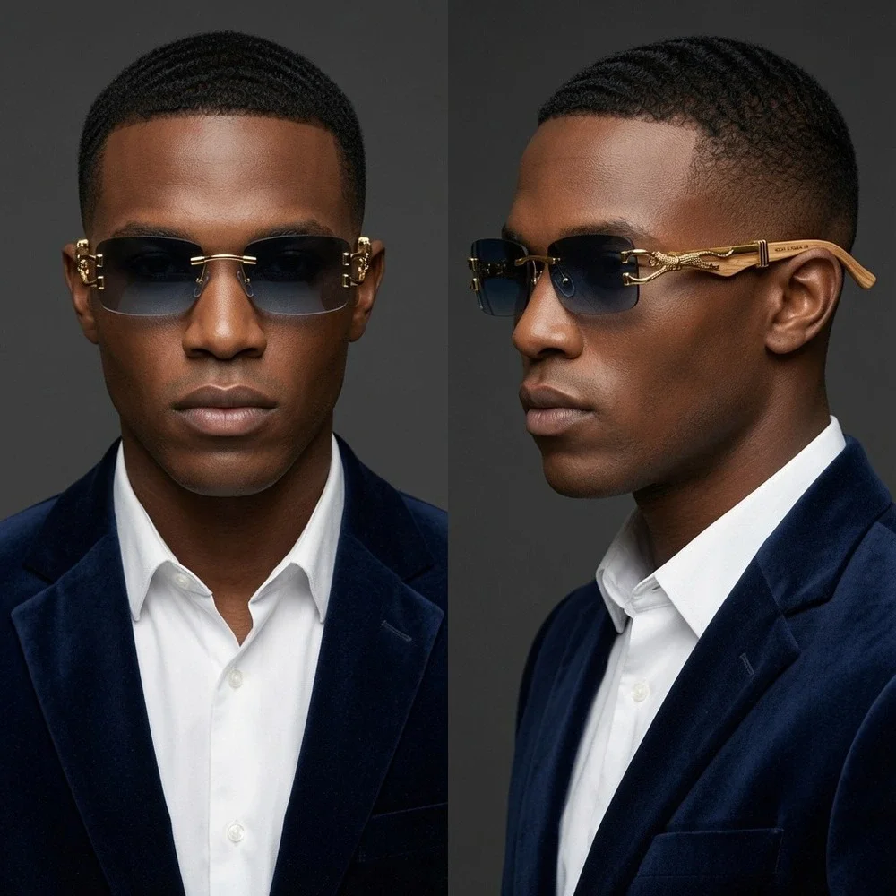 Mens Rimless Rectangular Wood Grain Gold Panther Sunglasses Blue Gradient Lens